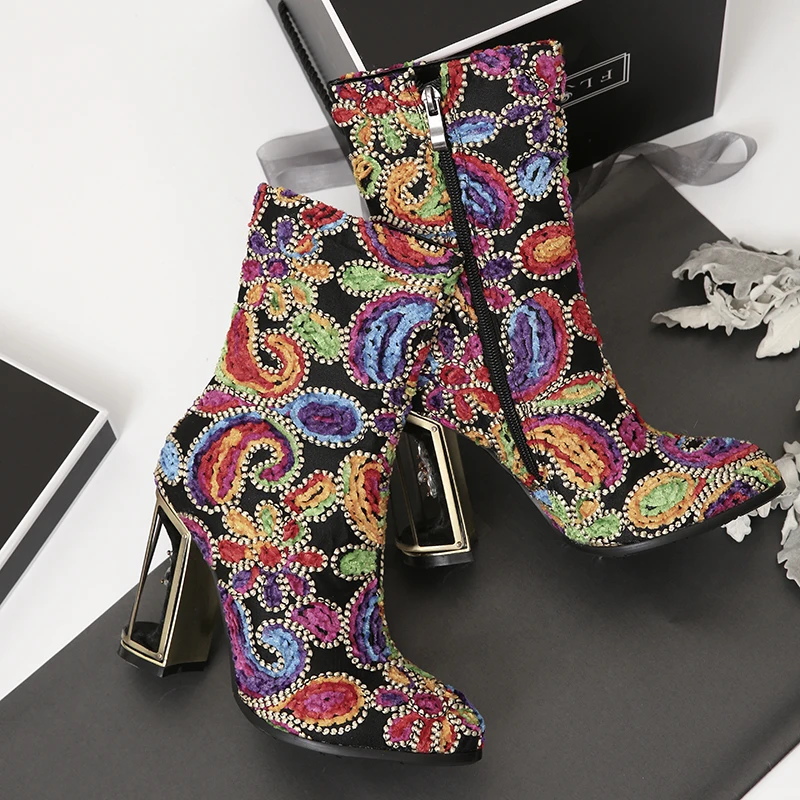 

Ethnic Women Ankle Boots Birdcage Chunky High Heels 10CM Embroidery Botas Mujer Handmade Female Autumn Boots