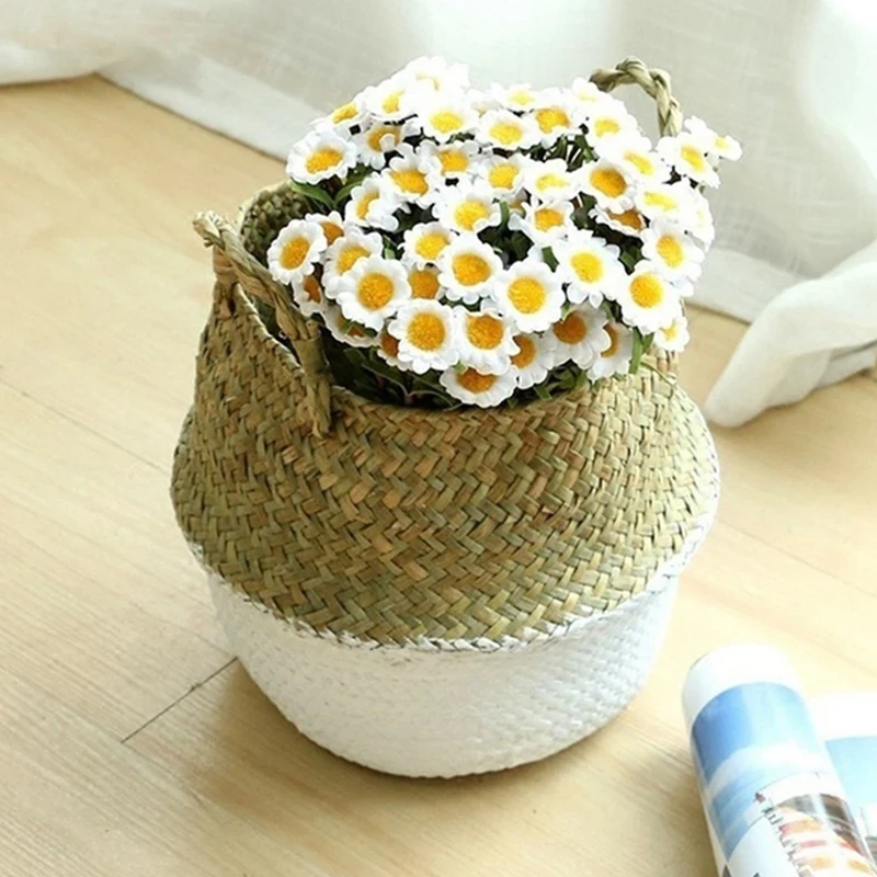 

2 Pcs 26X32X28cm Rattan Basket Seagrass Belly Flower Plant Pots Laundry Storage Foldable Straw Basket, Gray & White