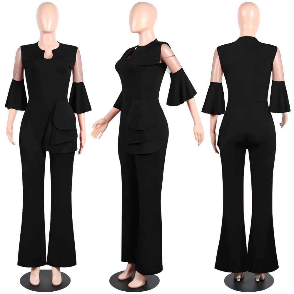 

2019 autumn elegent fashion style women v-neck polyester plus size long jumpsuit S-XL