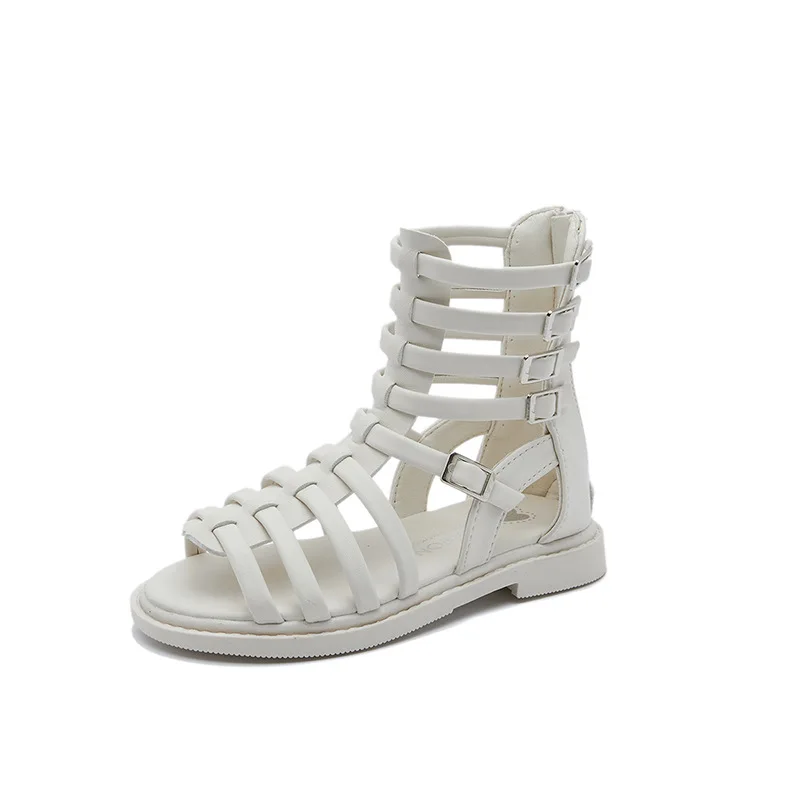 

Girls Gladiator Roman Sandals Summer Korean Chic Hollow White Leather Boots for Girls Baby Casual Fashion Shoes for Dress