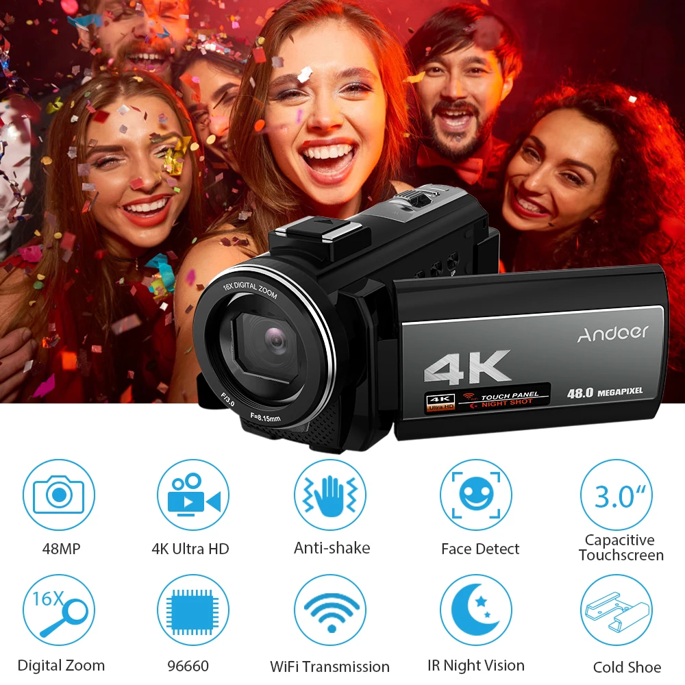 Домашняя камера 4K 48MP WiFi цифровая видеокамера с широкоугольным объективом 0.39X 3 0