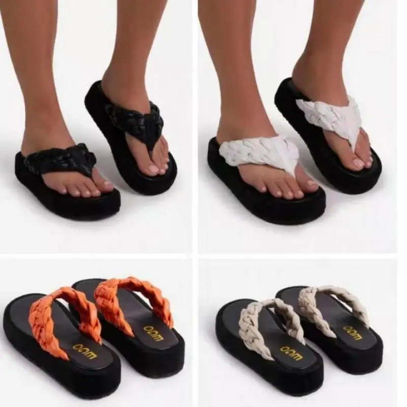 2021 Thick Sole Fashion Shoes Women Flip Flops Clip Open Toe Braiding Flat Slides Home Outside Casual Slipper Platform Size 43