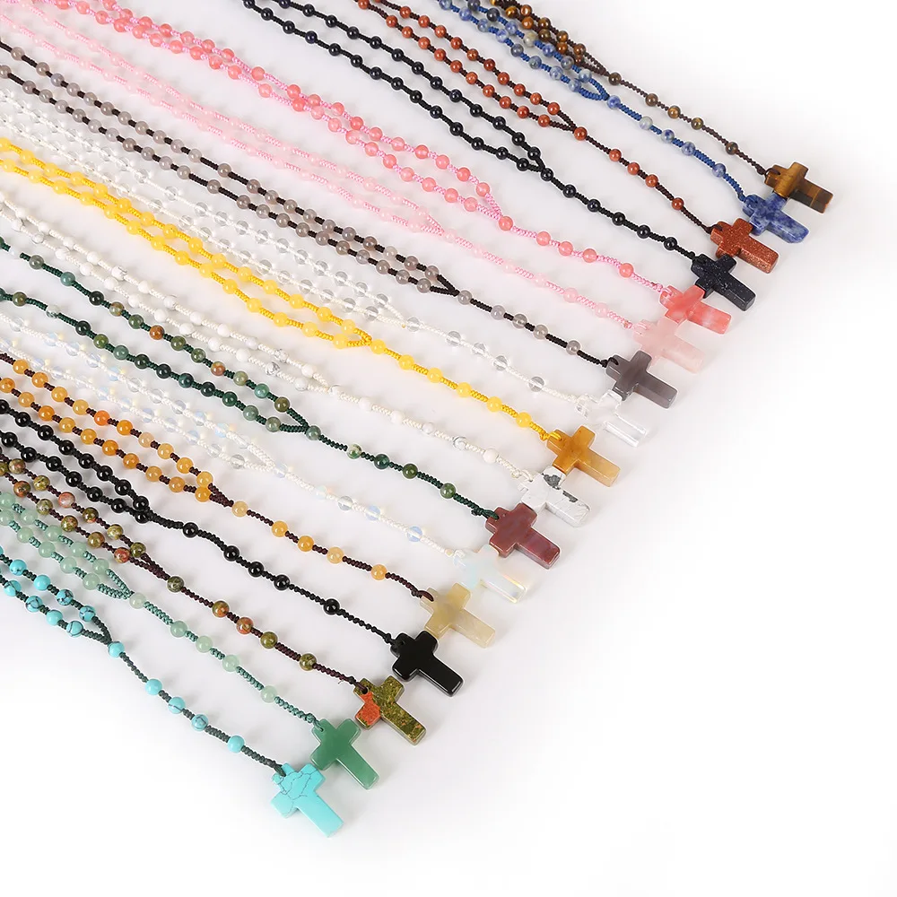 Винтажный этнический натуральный камень хрустальный крест ожерелье с кулоном на