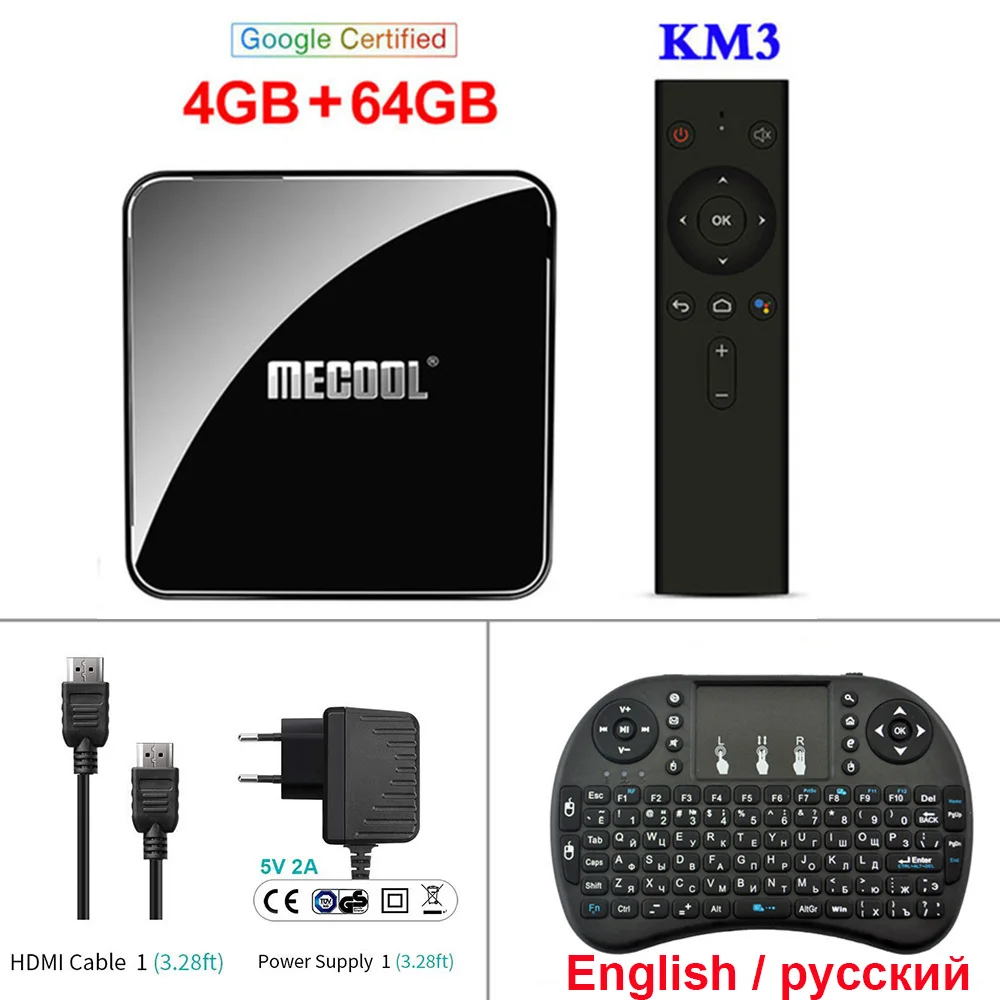 Add Russian keyboard MECOOL KM3 Android 9,0 ТВ приставка 4 Гб 64 Гб ТВ приставка Встроенный 2,4G 5G WiFi Bluetooth 4,0 с подсветкой клавиатуры Smart Android ТВ-плеер - Цвет: Add Russian keyboard