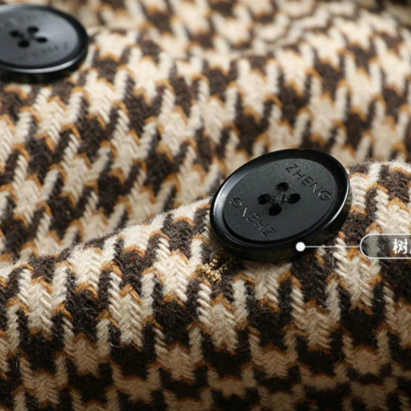 

2021 Spring Elegant Women Long Blazer Houndstooth Wool Coat Jacket Waistbelt Woolen Overcoat Button Up Outerwear Pockets
