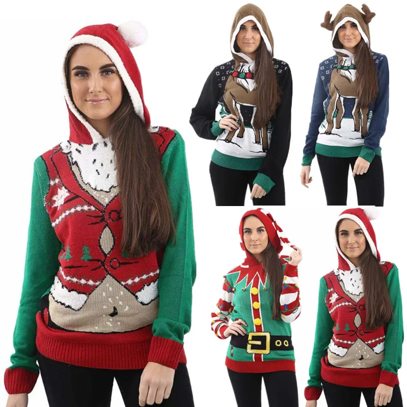 KLV унисекс женский мужской рождественский джемпер с капюшоном Новинка эльф олень