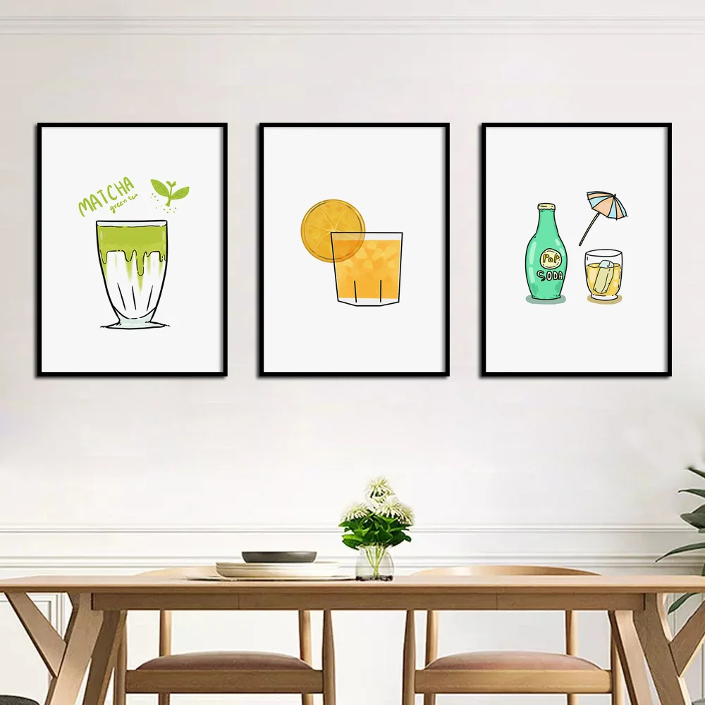 

Green Tea Orange Juice Soda Drink Food Snack Wall Art Canvas Painting Nordic Posters and Prints Wall Pictures Restaurant Decor