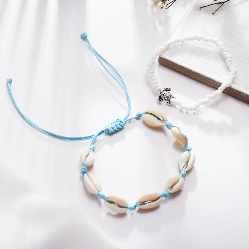 

Women Retro Sea Turtle Shell Beads Push-pull 2-piece Set Ankle Bracelets Summer Beach Foot Jewelry Anklets