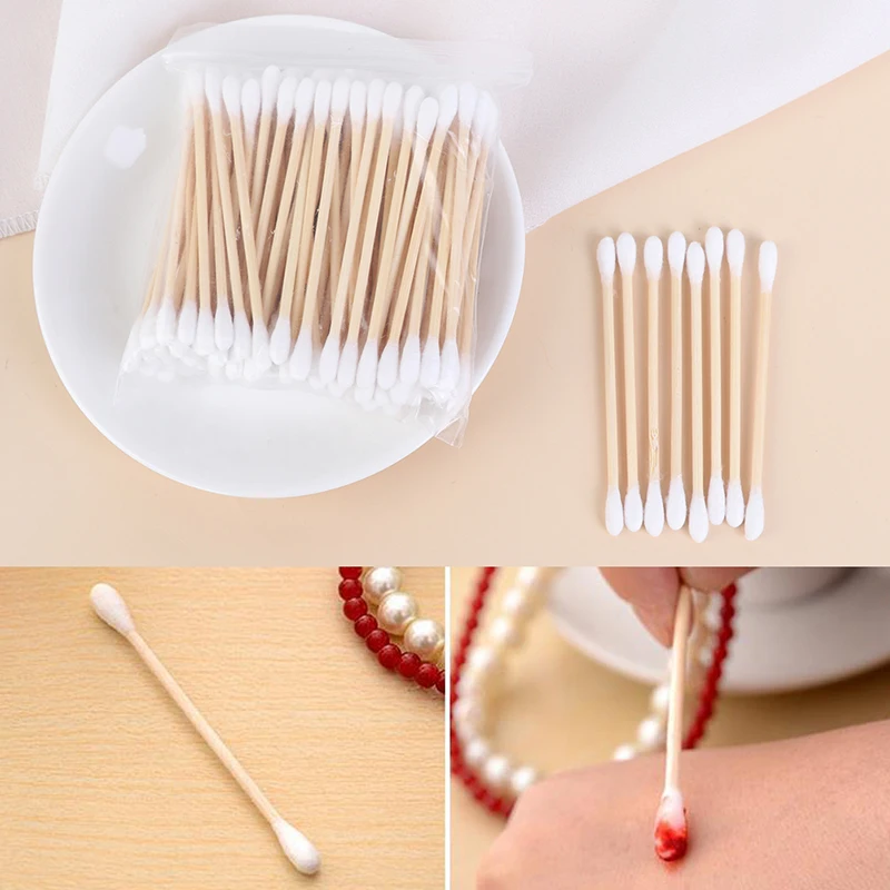 

100Pcs/Bag 7.2cm Swab Soft Cotton Buds For Medical Wood Sticks Nose Ears Cleaning Tools Double Head Disposable Makeup Cotton