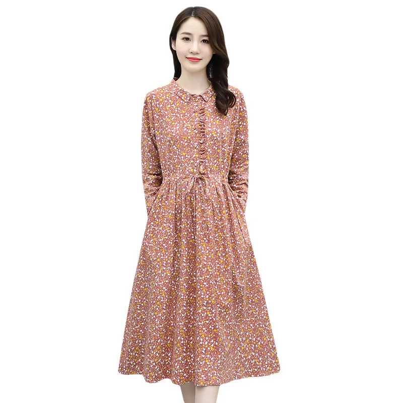 

Cotton and linen dress 2020 new women accept waist small broken flower fall in long thin temperament leisure linen