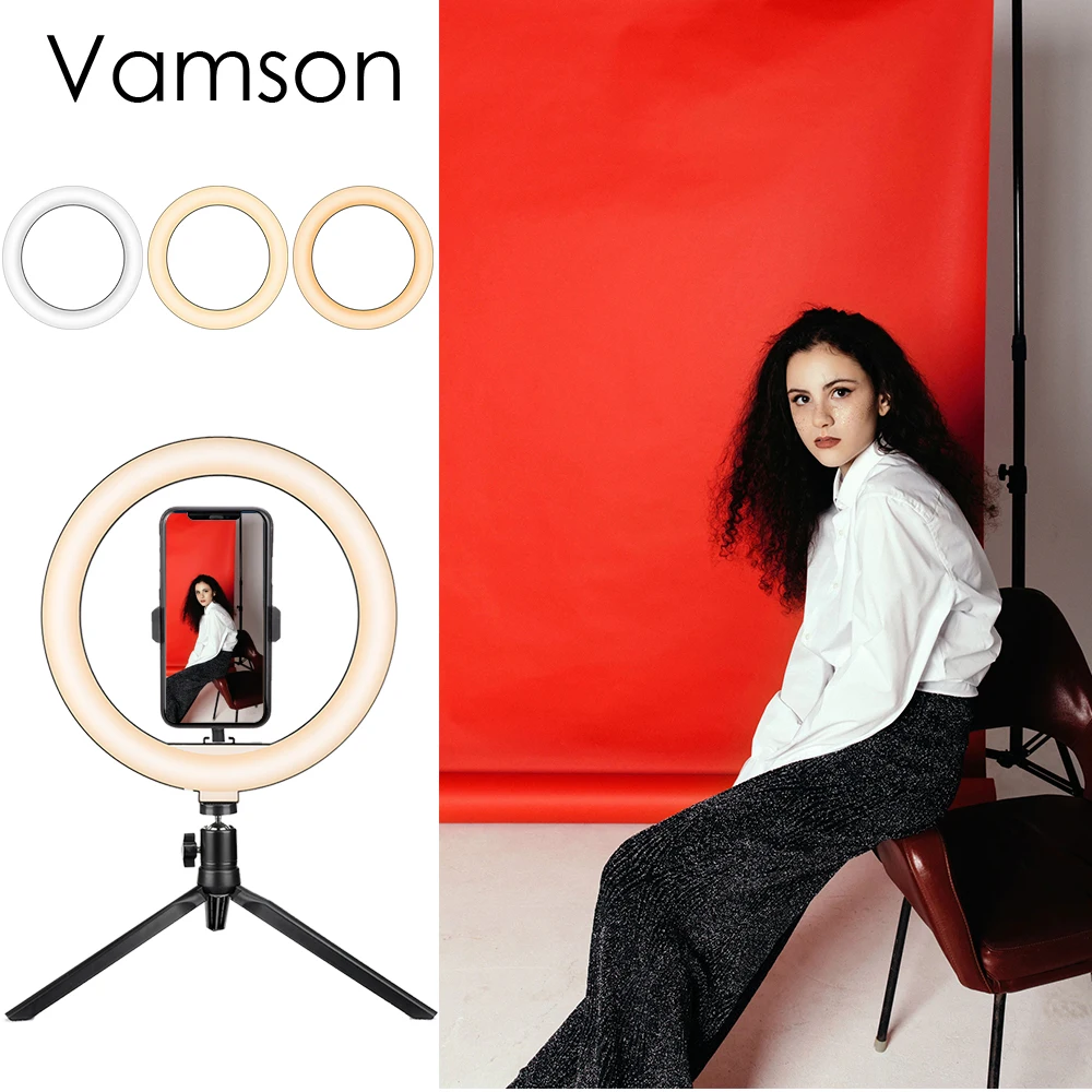 

Vamson LED Selfie Ring Light Dimmable Camera Phone Ring Lamp Dimmable LED Stand Tripods for Makeup Video Live Studio VLS08C