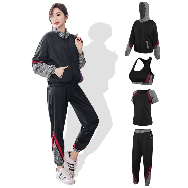

Women's new yoga suit gym training running four piece set loose large morning running suit training sportswear Vest + pants