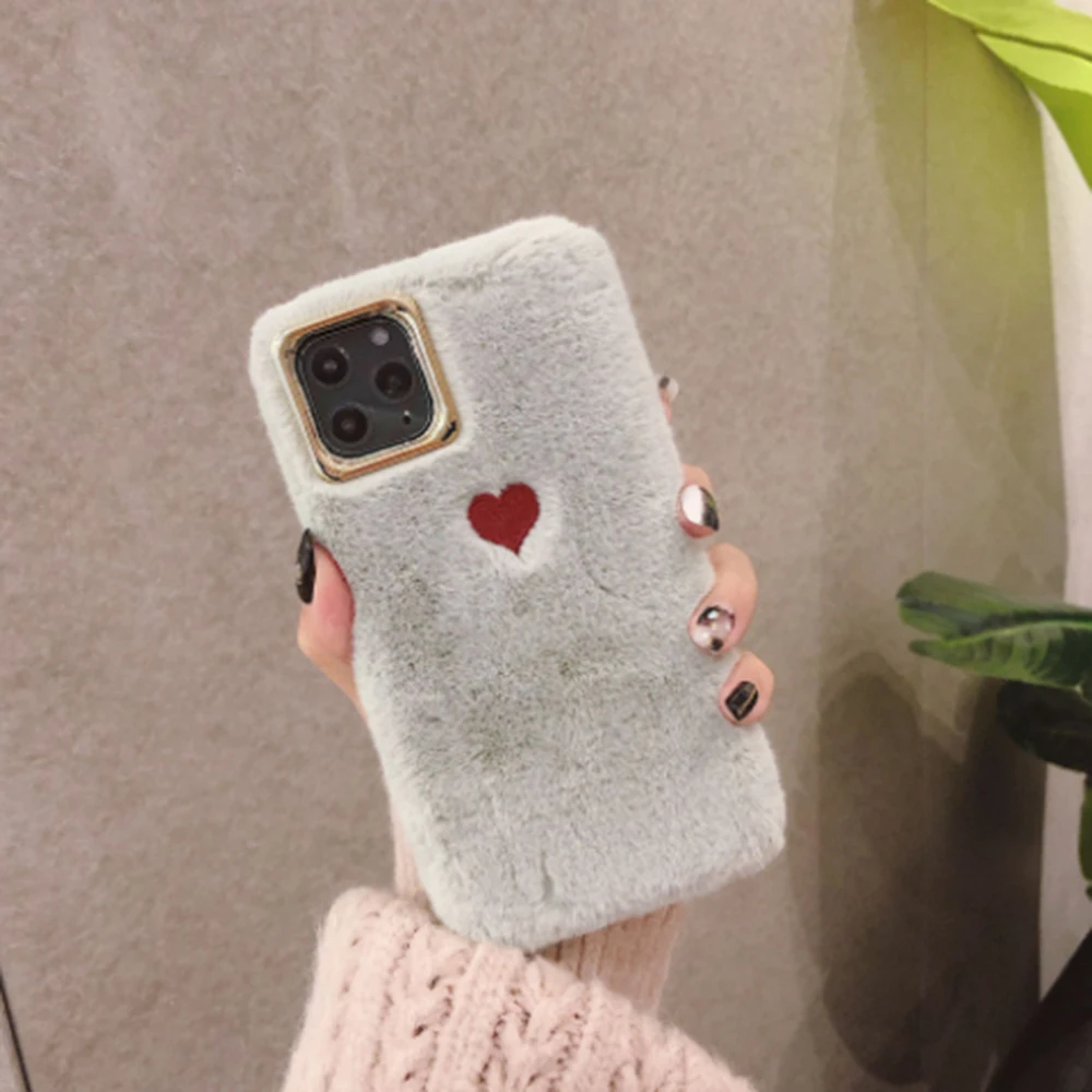 

Popular Cute Love Heart Phone Case For iPhone 6.4 6.7 inch 11 Pro Max XS MAX XR 7 8 Plus Soft Warm Plush Phone Back Cover Cases