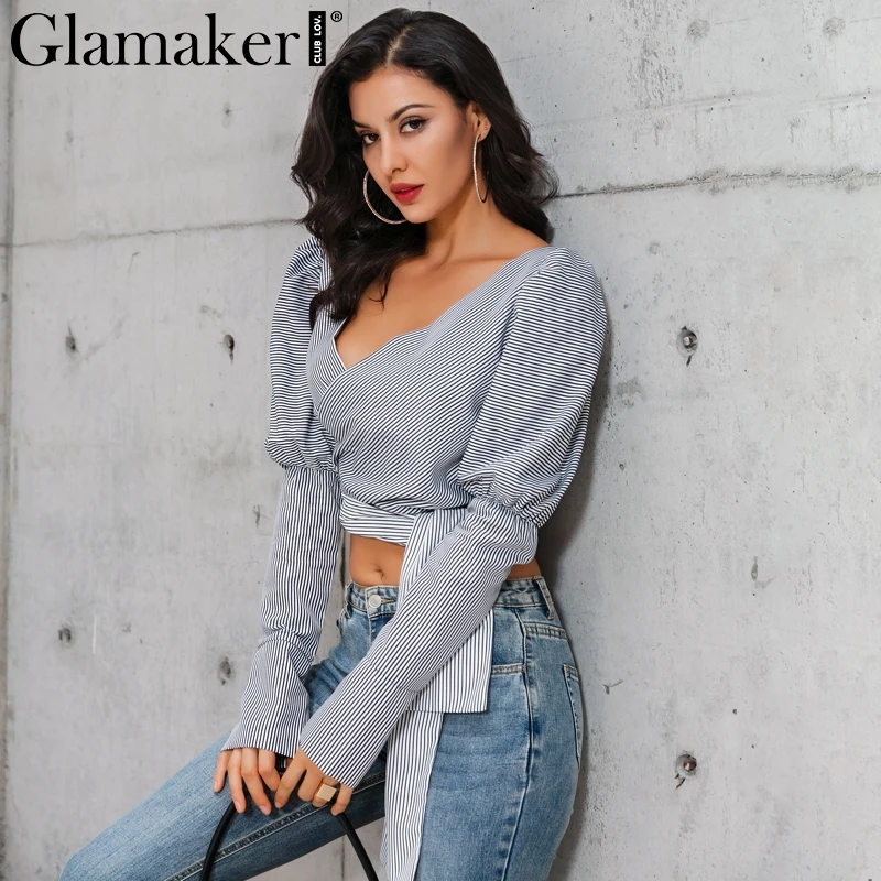 Glamaker Sexy long puff sleeve black blouse shirt Women striped belt crop top Autumn female v neck elegant blusas | Женская одежда