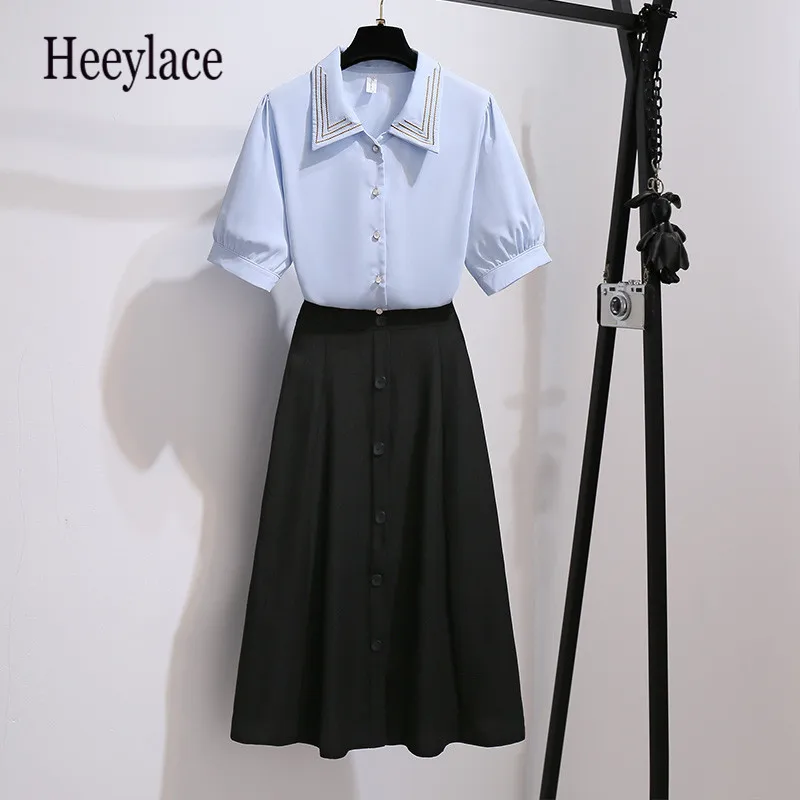 

Женский офисный элегантный комплект из двух предметов, летняя однотонная блузка с короткими рукавами и черная трапециевидная юбка, Женский...