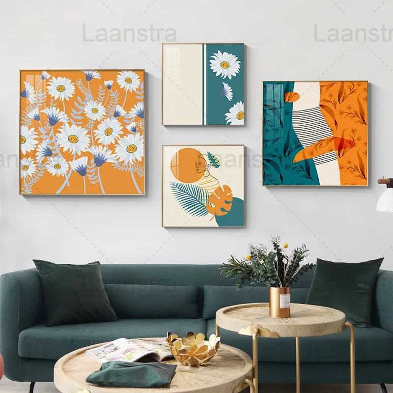 

White Daisy Home Decoration Painting Abstract Figures and Leaves Living Room Wall Canvas Art Poster Bouquet Coffee Shop Print