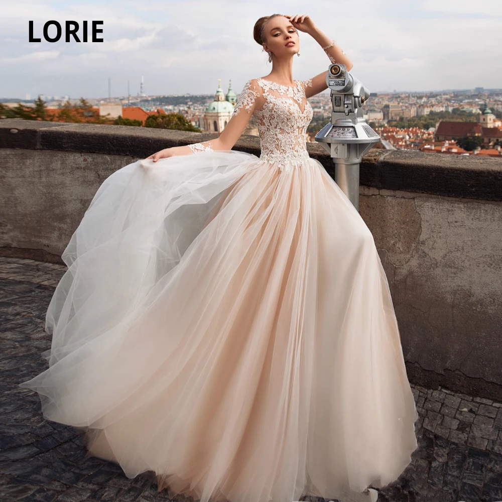 

LORIE Long Sleeve Tulle Wedding Dresses Lace Appliques Beach Bridal Gown 2020 Blush Boho Princess Wedding Gown Plus Size