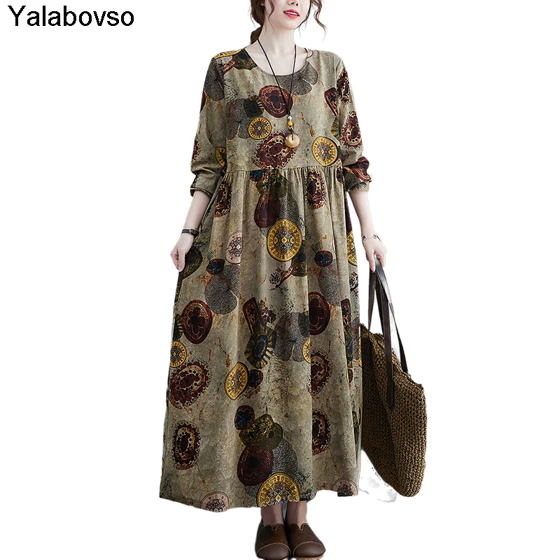 

Осенняя одежда 2021, свободные женские платья с круглым вырезом и длинным рукавом, свободные платья с принтом для женщин, винтажное богемное платье в стиле ретро