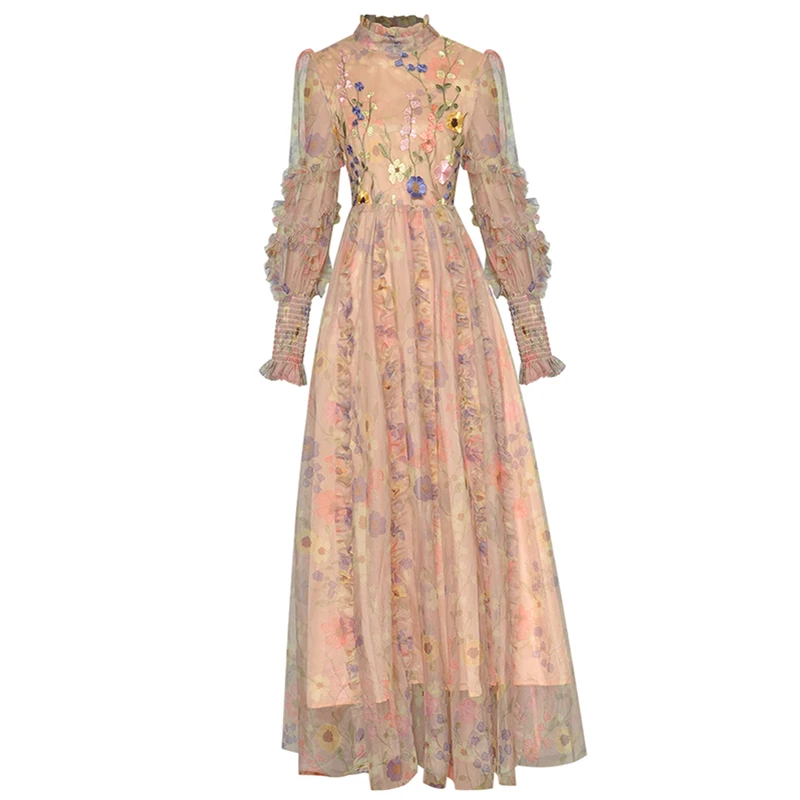 

Женское вечернее платье макси, модельное дизайнерское вечернее платье с воротником-стойкой, прозрачное Сетчатое платье с цветочной вышивк...