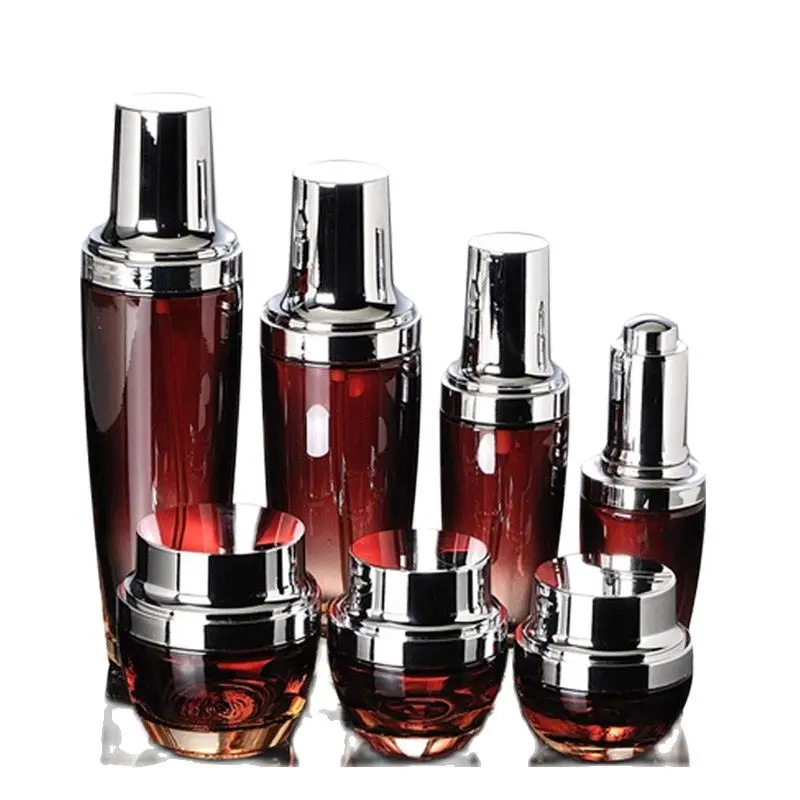 30ML 50ML 100ML Red Cosmetic Packaging Glass Refillable Bottle Silver Lotion Pump Essential Oil Vial 30G 50G Cream Jars 8pieces |