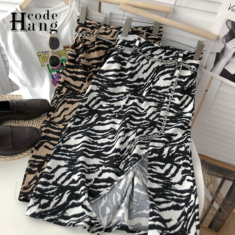 

HangCode Streetwear Zebra Print Fashion Women Skirts High Waist Elegant Split Skirts with Chains Belt Ladies Bottoms