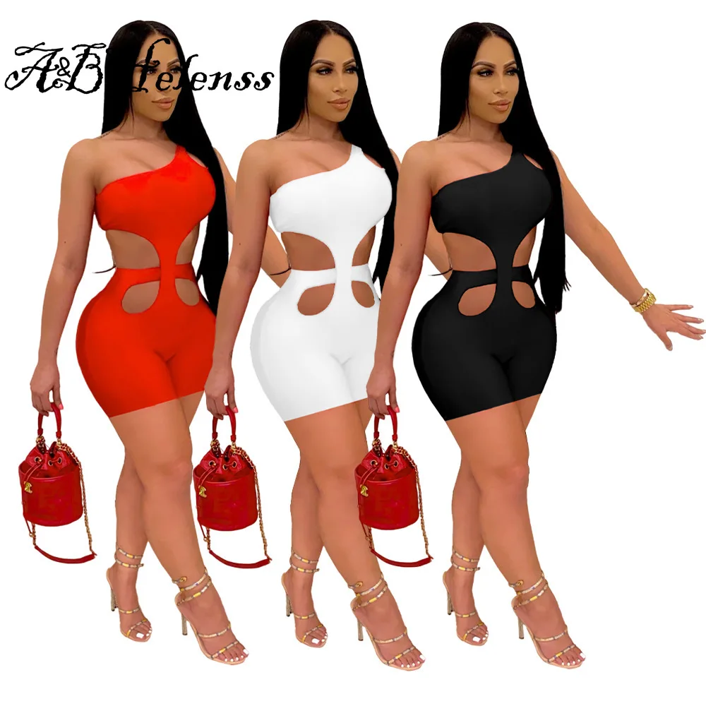 

Summer 2021 Casual Fitness One Shoulder Solid Playsuit Sexy Sleeveless Hollow Out Biker Shorts Bodycon Work Out Jumpsuit Women
