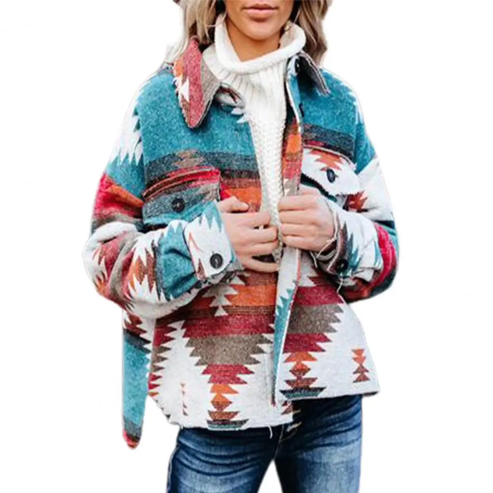 

Casual Women Coat 3D Print Single-breasted Turn-down Collar Vintage Cardigan Ethnic Style Winter Jacket for Daily Wear