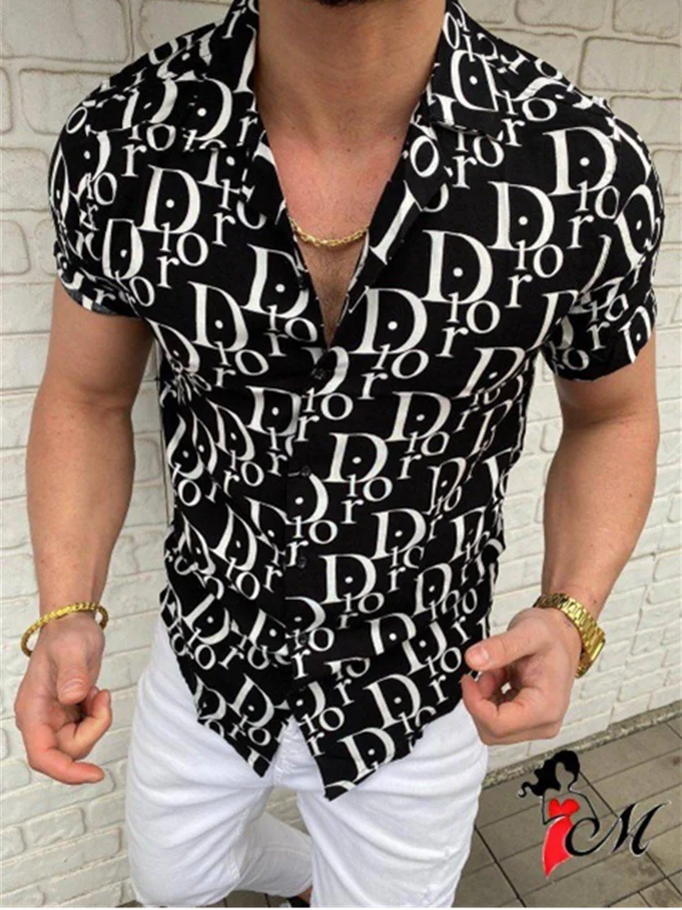 

2021 Summer Men's Shirt Slim Fit Men's Short Sleeve Shirt Hawaii Casual Shirts Male Single-Breasted Letter Printing Clothing