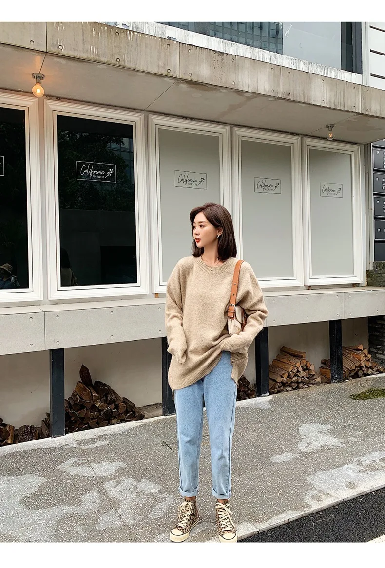 Свободный свитер с круглым вырезом в Корейском стиле Женская одежда Сезон