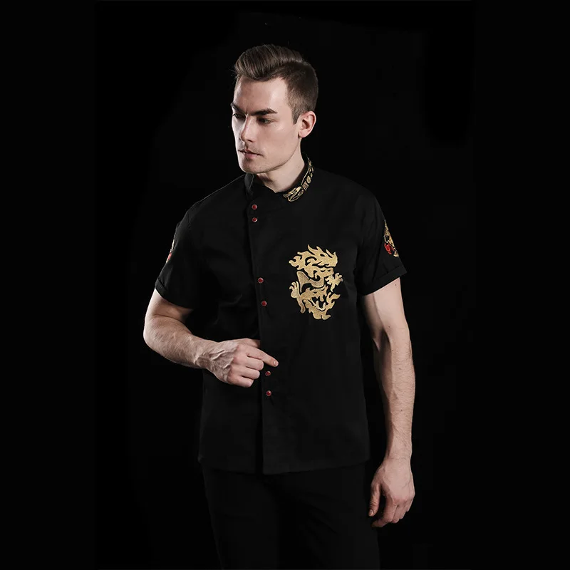 Мужская рабочая одежда для повара с вышивкой дракона на коротких рукавах, в китайском стиле, верхняя одежда куртки для ресторана.