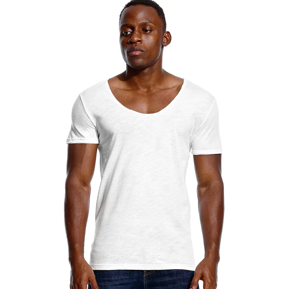 Deep V Neck Slim Fit Short Sleeve T Shirt for Men Low Cut Stretch Vee Top Tees  Fashion Male Tshirt Invisible Casual Summer