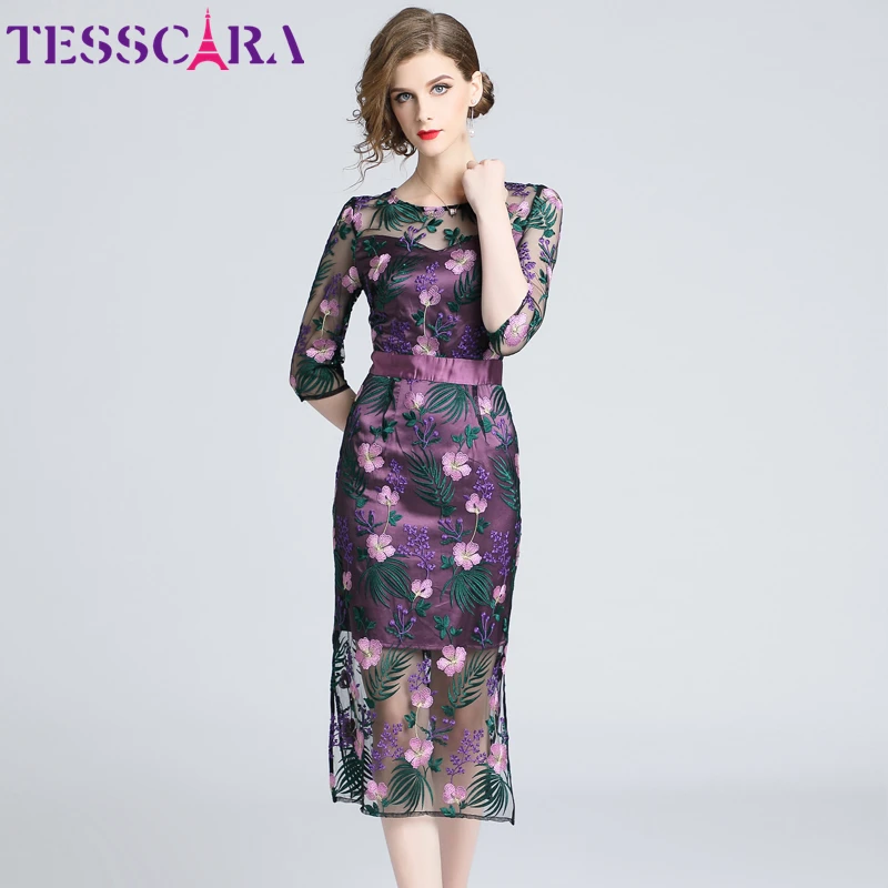 TESSCARA, женское летнее элегантное Сетчатое платье с вышивкой, женская мода, дизайнерские вечерние платья, Ретро стиль, винтажное платье-карандаш