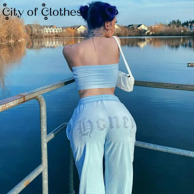 

Velvet Rhinestone Letter Print Women 2 Piece Sets Tube Crop Top High Waist Wide Leg Pants Tracksuit Sport Streetwear 2021 Summer