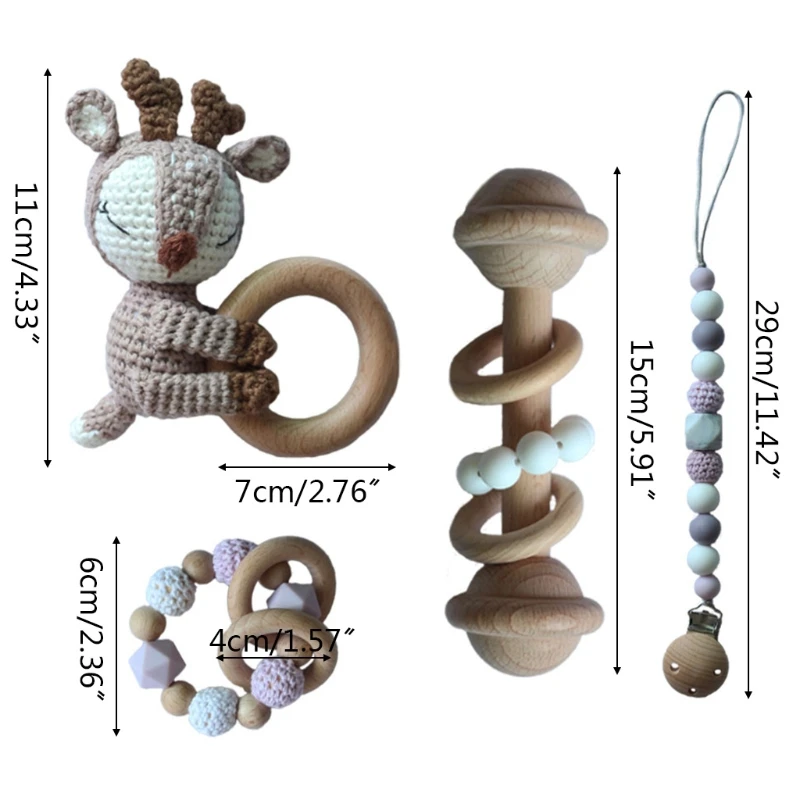 

Baby Pacifier Clip Chain Dummy Holder Wooden Teething Bracelet DIY Crochet Deer Teether Infants Rattle Soother Molar Toy Newbor