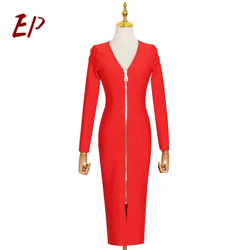 

EP Female Fashion 2021 Spring New Style Sexy Bodycon Dress V-Neck Long Sleeve Knee-Length Casual Dresses For Women