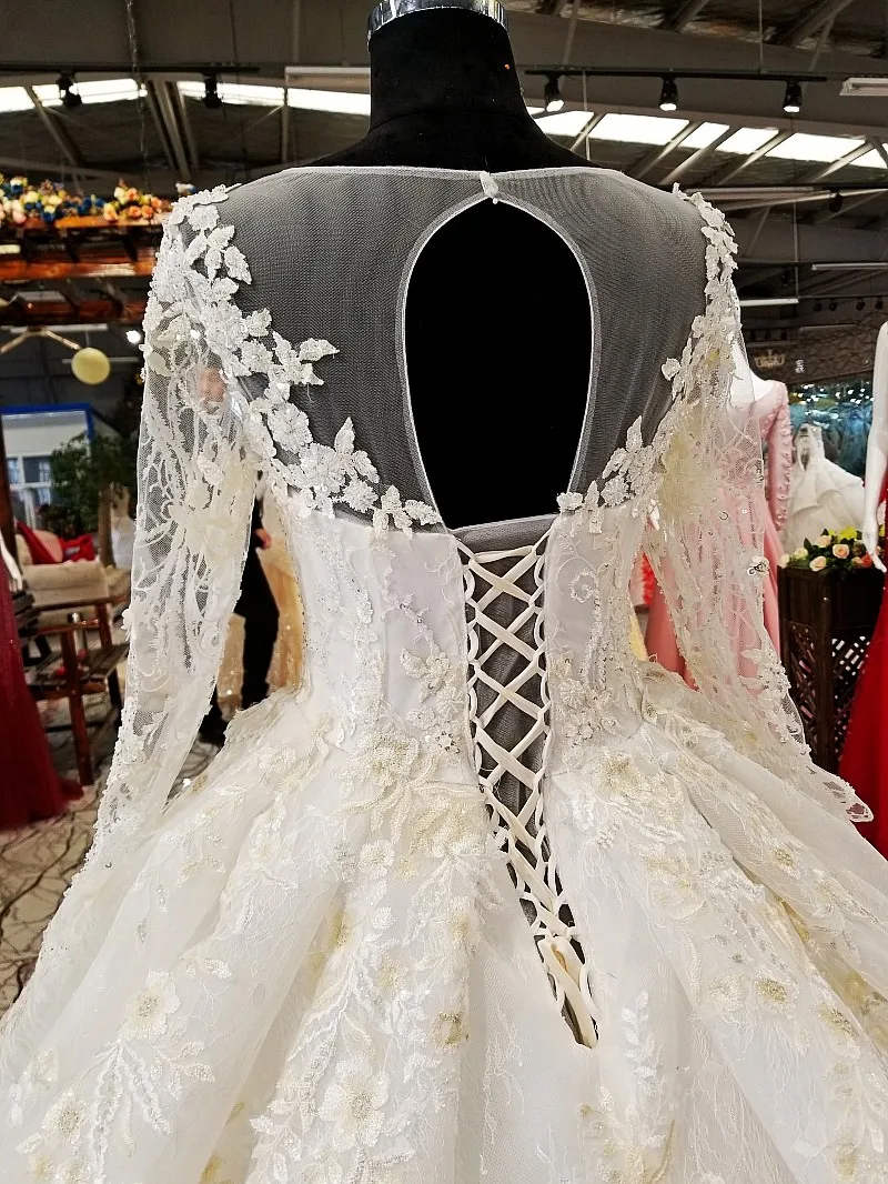 BGW HT4814 Ball Gown Champagne Wedding Dress 2020 O Neck Tulle Long Sleeve Bridal For Big Puffy Skirt Vestido Boda |