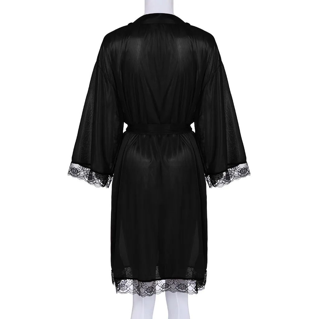 Женское сексуальное черное атласное кимоно халат кружевной банный нижнее белье