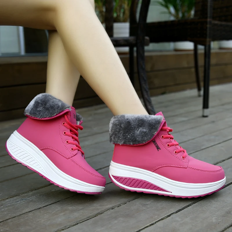 Fashion High Platform Shoes Pink Sweet Waterproof PU with Artficial Fur Snow Boots for Woman 2021 Winter Thermal Function