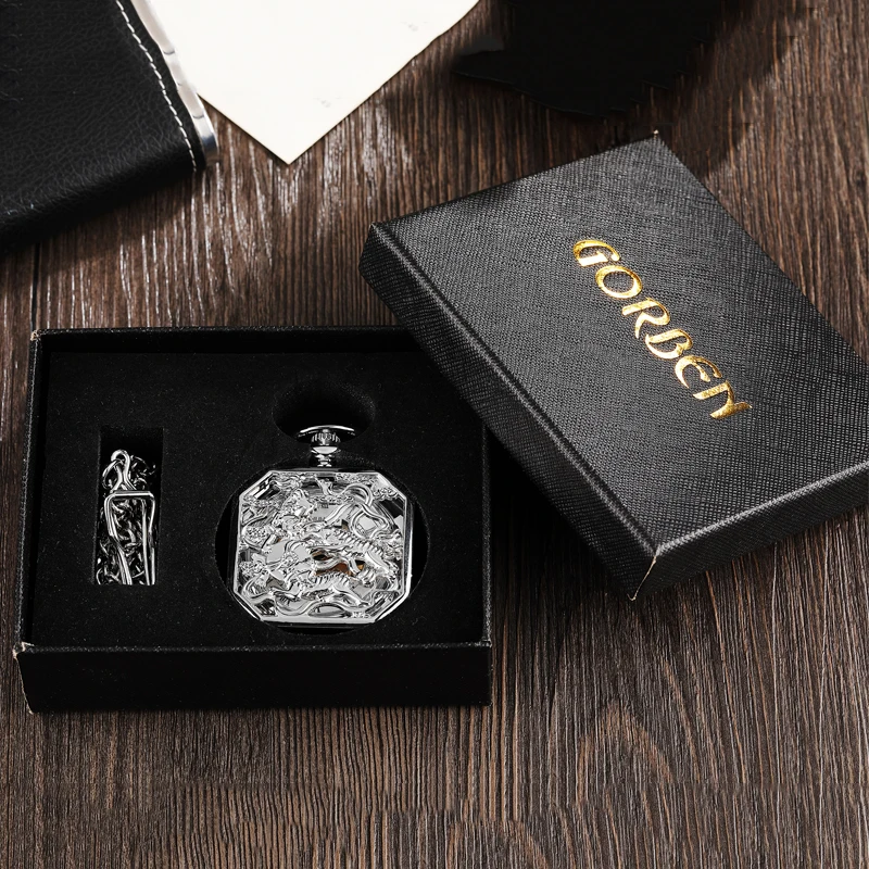 Mechanical Pocket Watch Antique Skeleton Dial Fob Chain Luxury Dragon Kirin Hanging Clock with Gift Box for Men Dropshipping