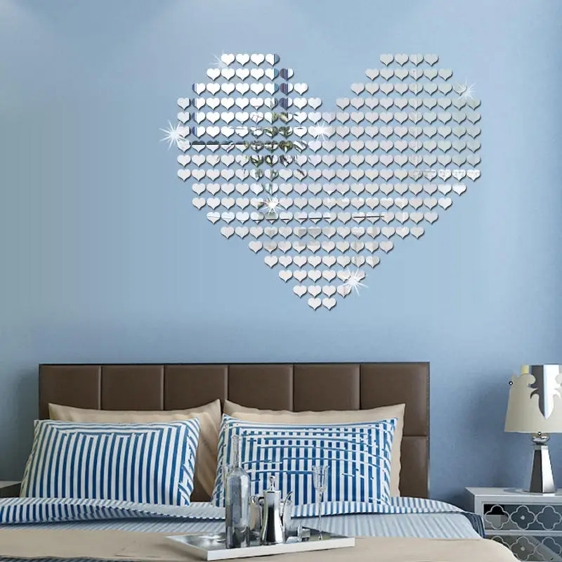 100PCs/Pack Acrylic Mirror 3D Wall Stickers Art Mural Decal Heart Mosaic Room Paper for Kids Home Decoration 2.25*2cm | Дом и сад