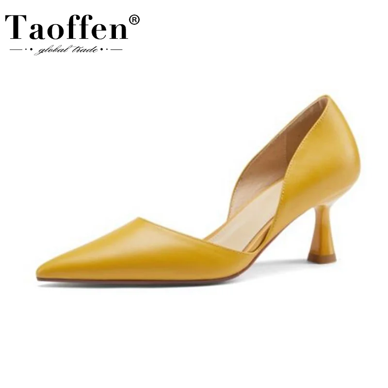 

Taoffen Plus Size 33-40 Real Leather Women Pumps Pointed Toe Thin Heels Shallow Shoes For Women Summer Casual Outdoor Footwear