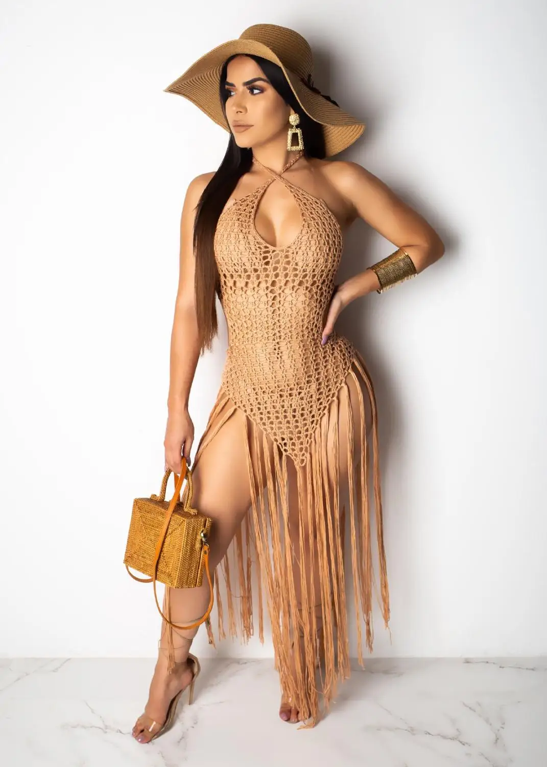 Женское длинное пляжное платье с вырезами и кисточками два вида одежды | Женская