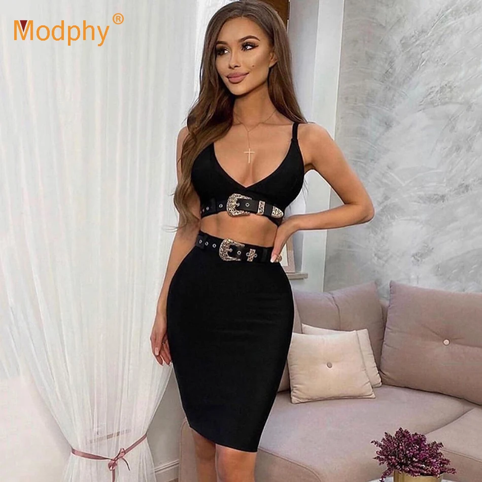 

Black Bandage Women's 2 Piece Set Sexy Lingerie Top & Belt High Waist Pencil Skirt Suit Club Party Ladies Sets 2021 Summer New