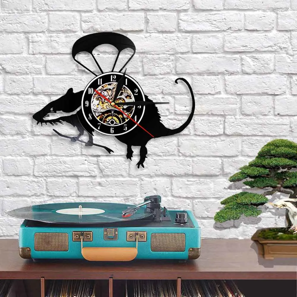 Летающий вертолет крыса виниловая пластина 3D настенные часы милый парашютник