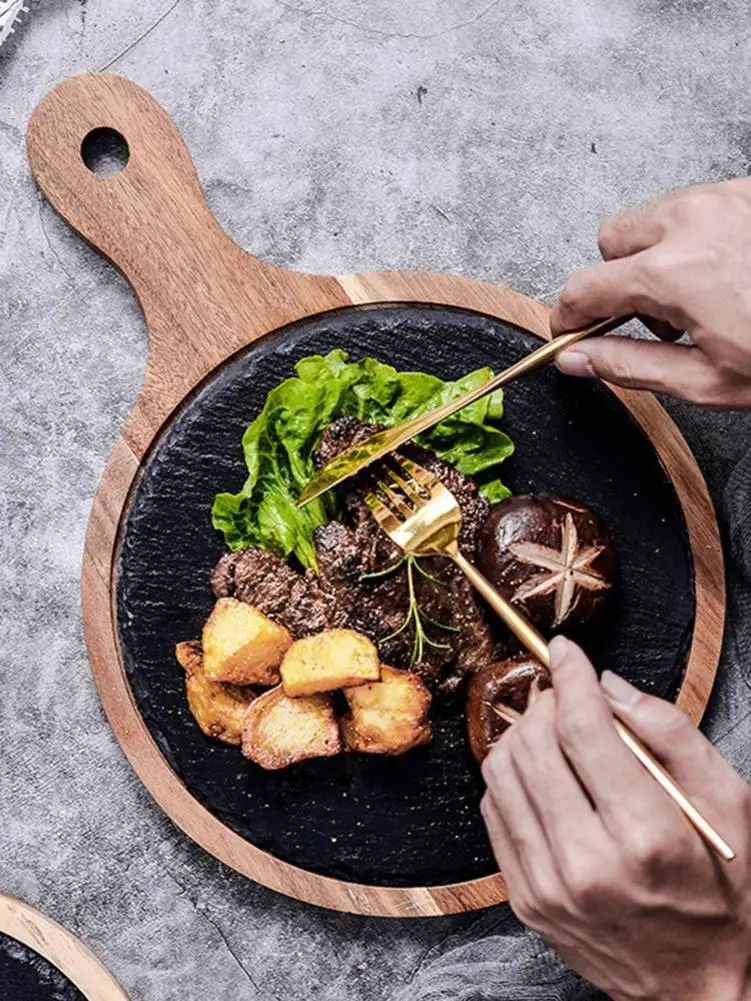 Ручная полированная тарелка для пиццы круглая черная из акации деревянная ужина