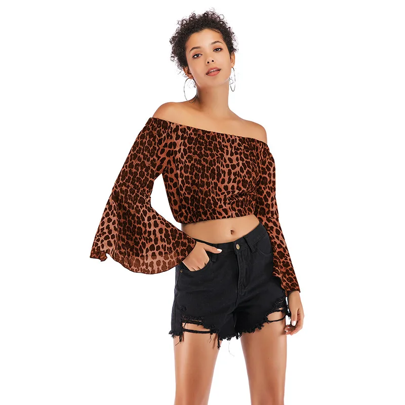 

Summer Women Flare Sleeve Tops Flower Leopard Print Chiffon Shirt Female Long-sleeve Slash Neck Strapless Shoulder Pullover Top