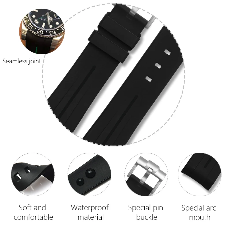 Водонепроницаемый резиновый мужской ремешок для часов 20 мм наручных браслет