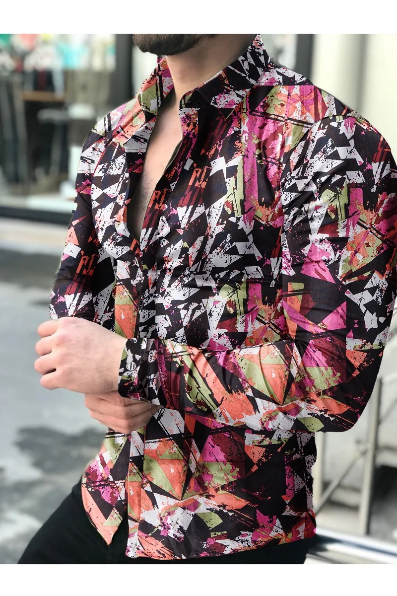 Camisas florales de manga larga de Otoño de 2021 para hombres camisas estampadas con flores de corte delgado para hombres cami