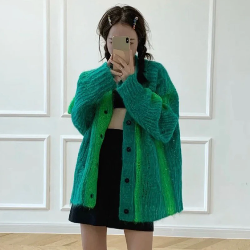Повседневный свободный зеленый женский свитер XIZIHUPAN прямой кардиган с V-образным