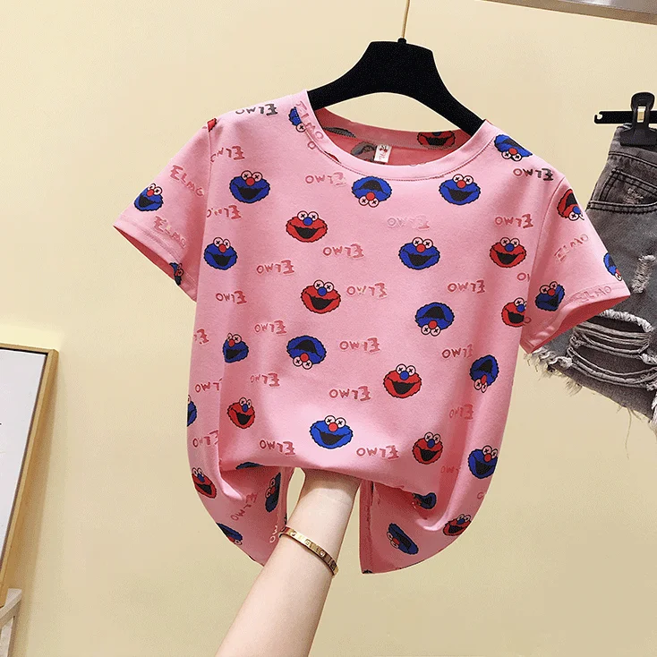 

2021 summer Korean Hollow Out Cartoon Print T Shirt Women Short Sleeve Fashion Slim Tee Shirt Femme Ins Tops